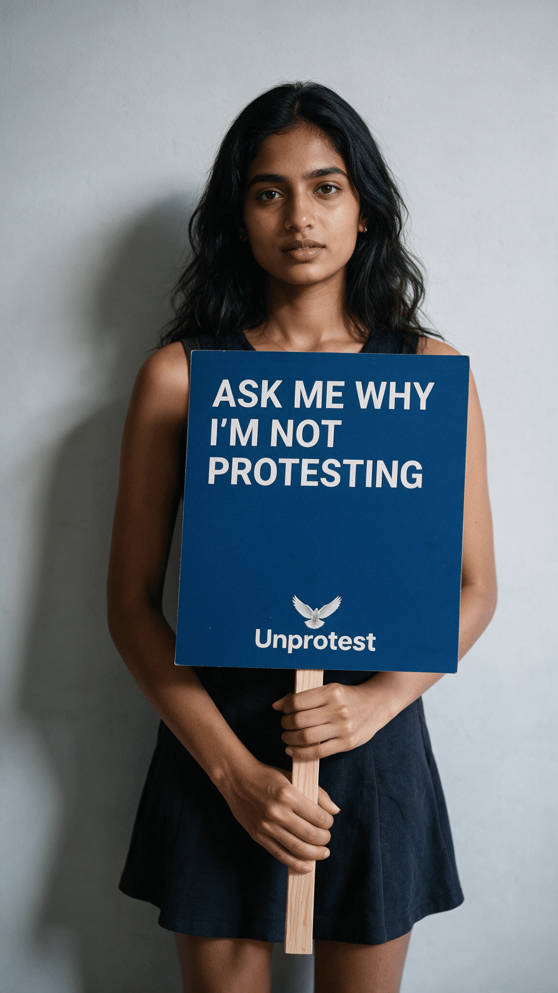 A woman holding a blue Unprotest placard that reads: Ask me why I’m not protesting.